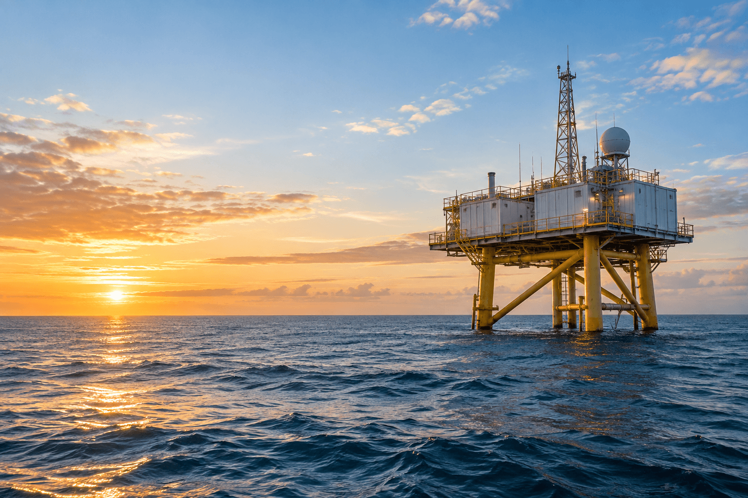 A modular offshore platform standing in open sea at sunrise
