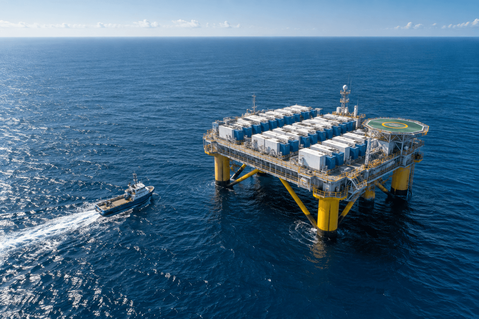 Aerial view of compute modules and a helipad on an offshore deck