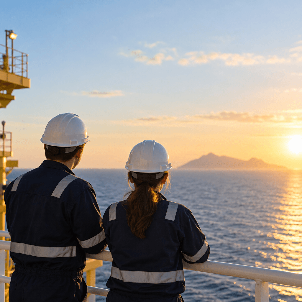 Two offshore engineers at a deck railing looking toward the horizon